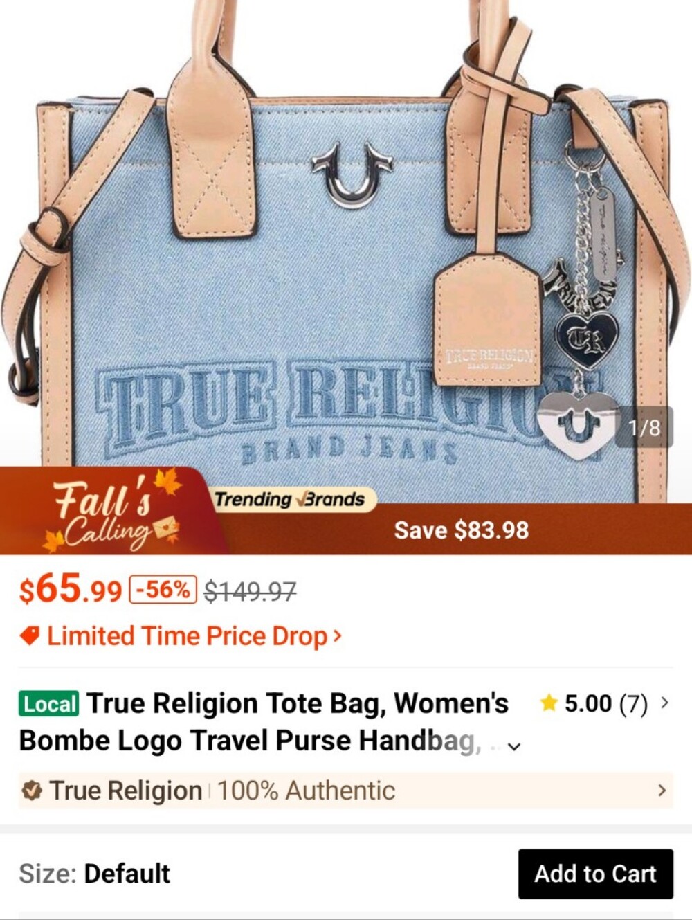 True Religion Light Blue Denim Satchel with Tan Trim